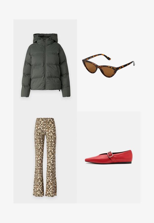 Patrika jakna tamnozelene boje, s kapuljačom, patentnim zatvaračem sprijeda i quiltanom teksturom s horizontalnim šavovima. Glatka mat površina.; Sivi, skraćeni duks izrađen od teksturirane tkanine. Ima visoki ovratnik i dva prednja džepa te ležeran kroj. Dugi rukavi.; Pantalone s leopard uzorkom u boji smeđe i crne, s glatkom teksturom i uskim strukom koji se širi od koljena prema dolje.; Crvene kožne ravne cipele sa špicastim vrhom, koje imaju bočnu traku s metalnom kopčom i nizak crni potplat. Glatka tekstura kroz cijelu cipelu.; Sunglasses u obliku mačjih očiju s okvirom u crno-narančastom kornjačevom uzorku, smešnim lećama i elegatnim, šiljastim vrhovima. Sadrži minimalni logo na dršci.