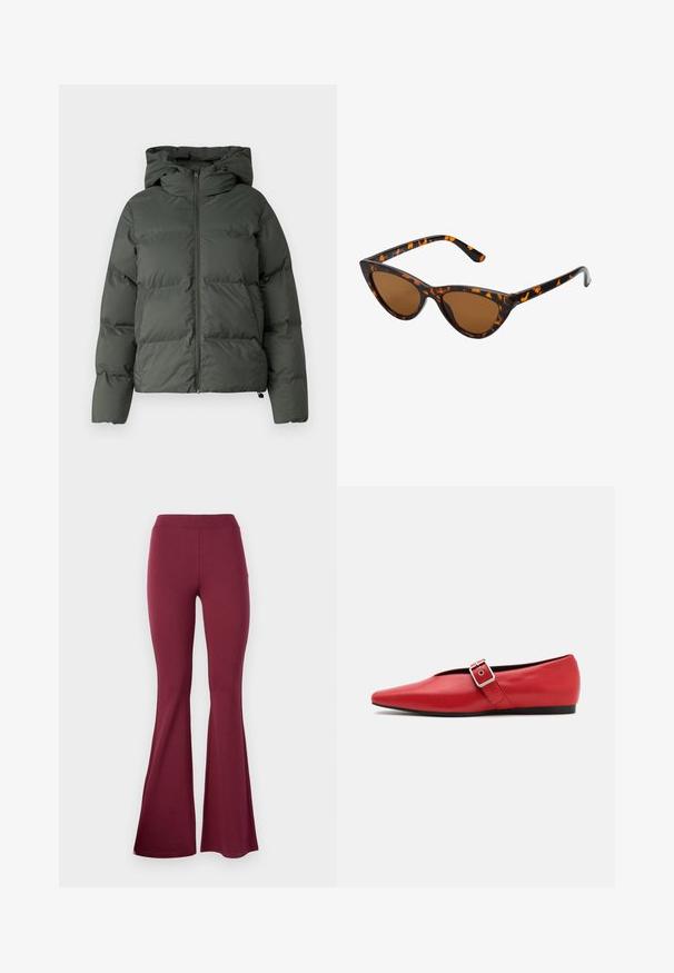 Tamsiai žalia pūkinė striukė, su gaubtu, užtrauktuku priekyje ir siuvinėtu paviršiumi su horizontaliais pūslėmis. Lygaus matinio paviršiaus.; Pilkos spalvos, trumpas megztinis, pagamintas iš tekstūruotos medžiagos. Turi aukštą apykaklę ir dvi priekinės kišenes bei laisvą siluetą. Ilgos rankovės.; Bordo išsiplėtusios leginsai, pagaminti iš tamprios medžiagos. Turi aukštą juosmenį, lygų paviršių ir išplatėjusias apačias platesniam prislankymui.; Raudoni odiniai butai su smailiu pirštu, turintys šoninius dirželius su metaline sagtimi ir žemu juodu kulnu. Glotni tekstūra visame paviršiuje.; Katės akies saulės akiniai su juodu ir oranžiniu šarvuotu rėmeliu, ruda objektyvu ir elegantiškais, smailiais galiukais. Rėmelyje yra minimalus logotipas ant šventės.