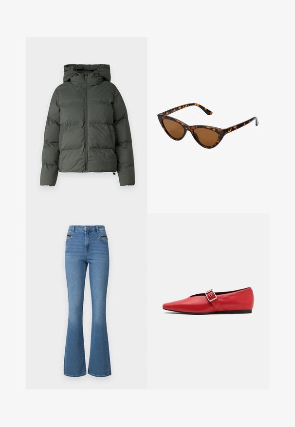 Tumedast rohelisest puhvjakist, millel on kapuuts, tõmblukuga eesmine osa ja tikanditega horisontaalsed baffle-id. Sile matt viimistlus.; Hallide, lühikese lõikega hall sviiter, mis on valmistatud tekstuuriga kangast. Omab kõrget kaelust ja kahte esist taskut ning on lõdva istuvusega. Pikkade varrukatega.; Heledad sinine denimist flared teksad kõrge vöökoht, millel on kaks esimest taskut lukuga ja kontrastõmblused õmbluste ääres.; Punane nahast lameda tallaga king, millel on terav nina, külje peal rihm metallklambriga ja madal must konts. Ühtlane sile tekstuur.; Kassi vormiga prillid musta ja oranži kilpkonnakujulise raami, pruunide läätsede ja elegantsete teravate otstega. Templi juures on minimaalne logo.