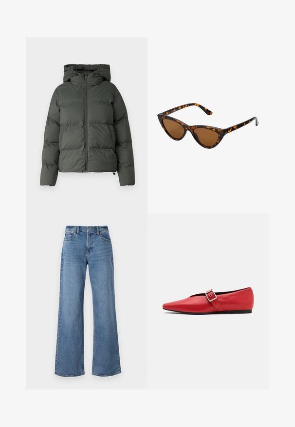 Tumedast rohelisest puhvjakist, millel on kapuuts, tõmblukuga eesmine osa ja tikanditega horisontaalsed baffle-id. Sile matt viimistlus.; Hallide, lühikese lõikega hall sviiter, mis on valmistatud tekstuuriga kangast. Omab kõrget kaelust ja kahte esist taskut ning on lõdva istuvusega. Pikkade varrukatega.; Heledad sinine lai jalgadega teksapüksid, mis on valmistatud denimist, kõrge vöökoha, vöökohaga ja nööbiga sulgemisega. Viimistluses on näha õmblusi ja ääriseid.; Punane nahast lameda tallaga king, millel on terav nina, külje peal rihm metallklambriga ja madal must konts. Ühtlane sile tekstuur.; Kassi vormiga prillid musta ja oranži kilpkonnakujulise raami, pruunide läätsede ja elegantsete teravate otstega. Templi juures on minimaalne logo.; Hõbedased rõngaskõrvarõngad keerutatud disainiga, millel on poleeritud viimistlus ja posti-tagune sulgemine. Diameeter umbes 3 cm.