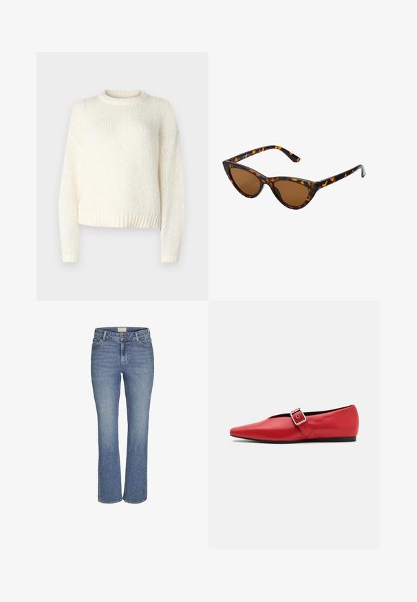 Tumši zaļš pūkains jaka ar kapuci, ar rāvējslēdzēju priekšā, un izšūtu tekstūru ar horizontālām daļām. Gluda matēta apdare.; Gaišs, adīts krēma krāsas džemperis ar garām piedurknēm, apaļu izgriezumu un ribotu apakšmalu. Strukturēta auduma ar brīvu, relaksētu piegriezumu.; Vidēji zilās taisnās kājas džinsi ar priekšējo pogu un rāvējslēdzēja aizdari, jostas cilpām, kā arī priekšējiem un aizmugurējiem kabatām.; Sarkanais ādas plakanās kurpes ar smailu purngalu, ar sānu siksnu un metāla sprādzi, kā arī zemu melnu papēdi. Visa virsma ir gluda.; Kaķa acs saulesbrilles ar melnu un oranžu bruņurupuču rakstu rāmi, brūnām lēcām un elegantiem, norādītiem galiem. Rāmī ir minimālists logos uz tempļa.; Sudraba gredzenveida auskari ar savītu dizainu, kas ir ar pulētu apdari un ar aizmugurēju fiksāciju. Izmērs ir aptuveni 3 cm diametrā.