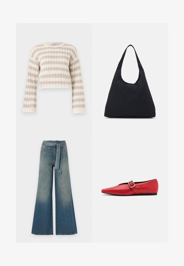 Puffer-takki tummanvihreänä, jossa on huppu, vetoketjukiinnitys ja tikattu pinta vaakasuuntaisilla kankailla. Sujuva mattapinta.; Crochet neulepaita beigen ja kermanvärisenä, jossa on leveät hihat, vaakasuorat raidat ja lyhyt malli, jossa on aallotettu reuna.; Yksiväriset farkut leveällä lahkeella, joissa on vaaleasta tummansiniseen häipyvä väri, korkea vyötärö, vyölenkit ja yhteensopiva kangasvyö. Rakennefarkkujen pinta.; Punainen nahkainen tasapohjainen kenkä, jossa on terävä kärki, sivuhihna metalli soljella ja matala musta korko. Tasainen pintakäsittely.; Musta kangaskassi, jossa on yksi leveä olkahihna. Pehmeä, puolirakenteellinen muoto ja sileä pinta; minimalistinen muotoilu ilman näkyviä metalliosia.