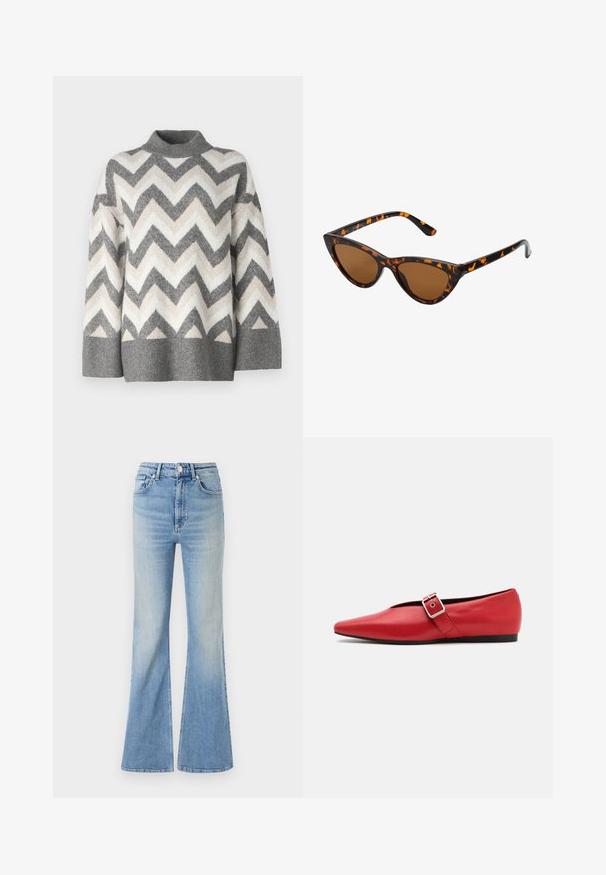 Pružná bunda v tmavozelenej farbe, so kapucňou, zipsovým predným zapínaním a prešívanou textúrou s horizontálnymi priehkami. Hladký matný povrch.; Sveter s chevron vzorom a vysokým golierom, s rôznymi odtieňmi šedej, krémovej a béžovej; textúrovaný pletený vzor; voľný strih s rebrovanými manžetami.; Svetlomodré rozšírené džínsy vyrobené z denimu, s vysokým pásom, päťpokladňovým dizajnom a jemným gradientným vyblednutím smerom k spodnému okraju.; Červená kožená balerína s špicatou špičkou, vybavená bočným popruhom s kovovou prackou a nízkym čiernym podpätkom. Hladká textura po celom povrchu.; Mačacie slnečné okuliare s čiernym a oranžovým želvovinovým rámom, hnedými sklami a elegantnými, špicatými koncami. Obsahujú minimalistické logo na spánku.