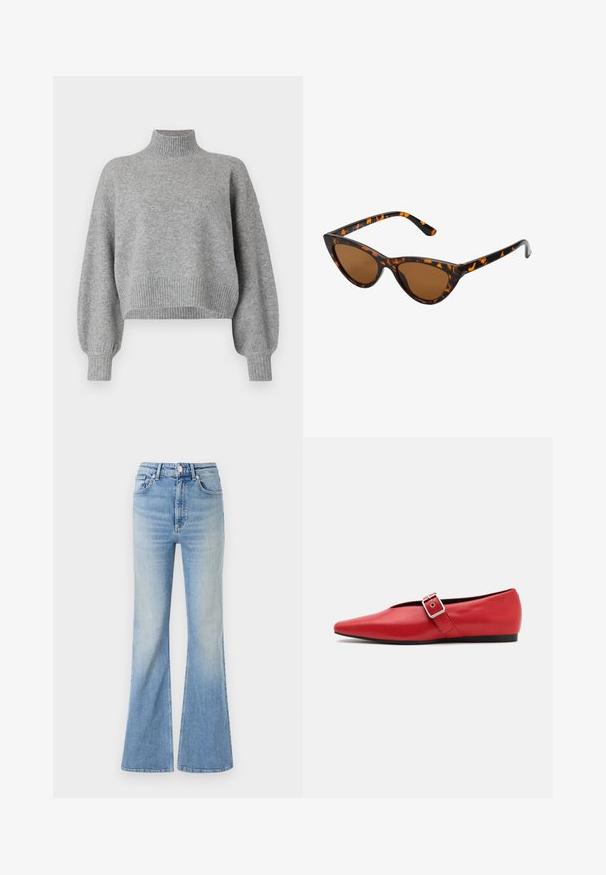 Puffer-takki tummanvihreänä, jossa on huppu, vetoketjukiinnitys ja tikattu pinta vaakasuuntaisilla kankailla. Sujuva mattapinta.; Harmaa lyhyt neulepusero, jossa on korkea kaulus, ribbireunat hihansuissa ja helmassa sekä laskeutuvat olkapäät. Pehmeä pinta, jossa on vähän saumoja.; Vaaleansiniset leveälahkeiset farkut, joissa on korkea vyötärö, viisi taskua ja hennosti haalistuva sävy kohti lahkeiden reunaa.; Punainen nahkainen tasapohjainen kenkä, jossa on terävä kärki, sivuhihna metalli soljella ja matala musta korko. Tasainen pintakäsittely.; Kattöga solglasögon med en svart och orange sköldpaddsmönstrad båge, bruna linser och slanka, spetsiga spetsar. Har en minimal logotyp på skalmen.