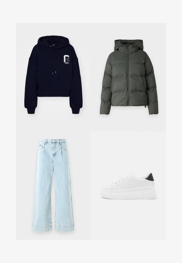 Doudoune verte foncée, dotée d'une capuche, d'une fermeture éclair à l'avant et d'une texture matelassée avec des boudins horizontaux. Fini lisse et mat.; GAP ABBREV HOOD - Sweatshirt - navy; Jeans larges en denim bleu clair, avec une taille haute, des poches avant et des accents cousus à l'ourlet.; Baskets plates blanches en matériau synthétique lisse, avec un bout arrondi, un design à lacets et une semelle en caoutchouc texturé. Accent de talon noir.