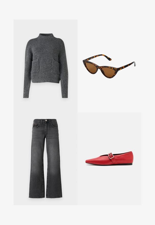 Pufferjack in donkergroen, met een capuchon, een ritssluiting aan de voorkant en een gequilt textuur met horizontale baffles. Gladde matte afwerking.; Grijze, korte trui gemaakt van textiel met een structuur. Heeft een hoge halslijn en twee voorzakken met een ontspannen pasvorm. Lange mouwen.; Wijdere spijkerbroek van donkergrijze denim. Bevat vijf zakken, een knoopsluiting en subtiele vervaging op de stof. Klassieke stiksels als accent.; Rode leren platte schoen met een spitse neus, voorzien van een zijkant band met een metalen gesp en een lage zwarte hak. Gladde textuur overal.; Cat-eye zonnebril met een zwart en oranje schildpadframe, bruine lenzen en slanke, puntige uiteinden. Bevat een minimalistisch logo op de poot.