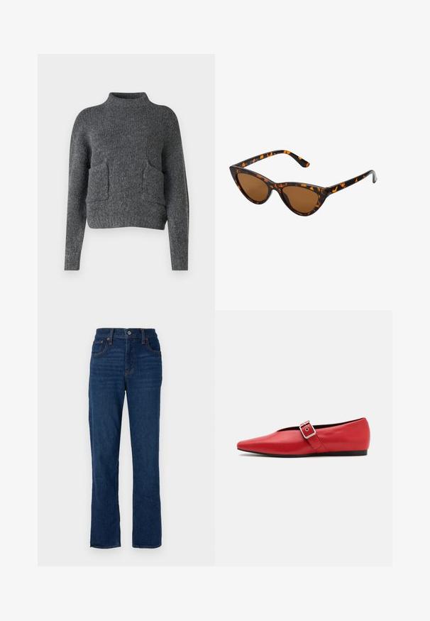 Puffer jacket in dark green, featuring a hood, zippered front, and quilted texture with horizontal baffles. Smooth matte finish.; Gray, cropped sweater made from textured fabric. Features a high neckline and two front pockets with a relaxed fit. Long sleeves.; Dark blue denim straight-leg jeans with a five-pocket design, orange stitching, and a button closure at the waistband.; Red leather flat shoe with a pointed toe, featuring a side strap with a metal buckle and a low black heel. Smooth texture throughout.; Cat-eye sunglasses with a black and orange tortoiseshell frame, brown lenses, and sleek, pointed tips. Features a minimal logo on the temple.