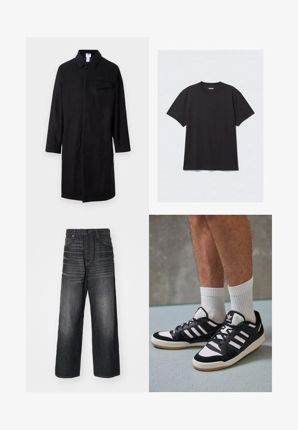 Čierny kabát s golierom, dlhými rukávmi, jedným gombíkovým zapínaním a náprsníkom. Obsahuje textúrované bočné panely.; Čierne tričko s krátkym rukávom vyrobené z bavlny. Má okrúhly výstrih a voľný strih. Jednoduchý dizajn bez vzorov alebo akcentov.; Weekday ASTRO LOOSE BAGGY - Džínsy baggy - ash black; Čierno-biele tenisky s vrchom z semišu a kože, s troma bielymi pruhmi, perforovanou špičkou a gumovou podrážkou.