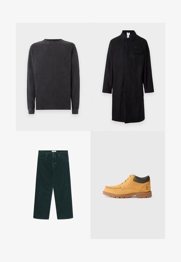 Musta jakk, millel on krae ja pikkade varrukatega, ühe nupuga kinnitamine ja rinnahoidja. Tootel on tekstuuriga külgpaneelid.; Tumehall pikka varrukaga crewneck sviiter, valmistatud pehmest puuvillasegust. Omab soonikuid mansette ja kaelust ning sileda, kergelt tekstureeritud viimistluse.; Tumed roheline laia säärega denimpüksid, millel on nööbid ja lukud, esi taskud ja vöökohakohad, laotatuna valgele taustale.; Kollane nahast king, millel on pruun kummitald, ümar varvas ja roheline nahast pahkluuri detail. Omab kuldseid silmuseid ja õmblusaktsente.