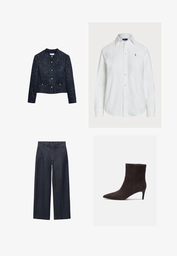 Marinblå tweedjacka med en kortad design, med gyllene knappstängning och en strukturerad yta med metalliska accenter. Rund halsringning, långa ärmar.; Vit skjorta med knappar i bomull, med klassisk krage, långa ärmar och en liten broderad logotyp på bröstet. Texturerat tyg.; Mörkblå denimbyxor med vida ben, framfickor och en standardmidja. Har orangea sömmar och en kortad längd.; Bruna mocka ankelskor med spetsig tå och 3-tums klack, med en jämn yta och minimalistisk design. Dragkedja baktill.