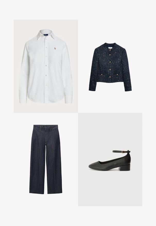 Námořnická tweedová bunda se zkráceným střihem, se zlatými knoflíky a texturovaným povrchem s metalickými akcenty. Kulatý výstřih, dlouhé rukávy.; Bílá košile na knoflíky vyrobená z bavlny s klasickým límcem, dlouhými rukávy a malým vyšitým logem na hrudi. Texturovaná tkanina.; Tmavě modré denimové široké kalhoty s předními švy a standardním pasem. Mají oranžové švy a zkrácenou délku.; Černé kožené lodičky s špičatou špičkou a nízkým blokovým podpatkem. Obsahují pásek kolem kotníku se zlatou sponou. Hladký povrch.