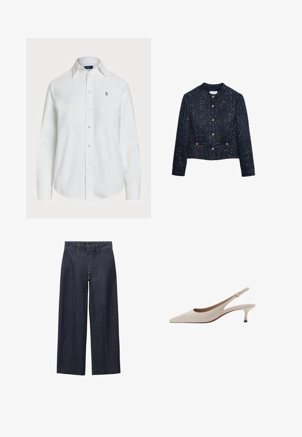 Námořnická tweedová bunda se zkráceným střihem, se zlatými knoflíky a texturovaným povrchem s metalickými akcenty. Kulatý výstřih, dlouhé rukávy.; Bílá košile na knoflíky vyrobená z bavlny s klasickým límcem, dlouhými rukávy a malým vyšitým logem na hrudi. Texturovaná tkanina.; Tmavě modré denimové široké kalhoty s předními švy a standardním pasem. Mají oranžové švy a zkrácenou délku.; Béžové lodičky na podpatku s špičatou špičkou a nízkým rozšířeným podpatkem. Vyrobené z hladké kůže s minimalistickým designem a nastavitelným páskem.