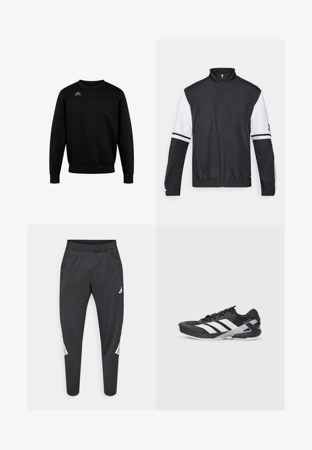 Giacca bianca e nera con colletto alto, zip frontale completa, polsini elasticizzati e dettagli a strisce sulle maniche. Realizzata in tessuto liscio e leggero.; Felpa nera in cotone, con collo rotondo, maniche lunghe e polsini a costine, con un logo bianco sulla parte superiore sinistra del petto.; Pantaloni atletici neri con gambe affusolate, cintura elastica, tasche laterali e dettagli con logo bianco e strisce. Realizzati in materiale liscio e leggero.; Scarpa sportiva nera con strisce bianche, tomaia in rete, punta arrotondata e suola ammortizzata. Presenta un tallone testurizzato e un sistema di allacciatura sicuro.