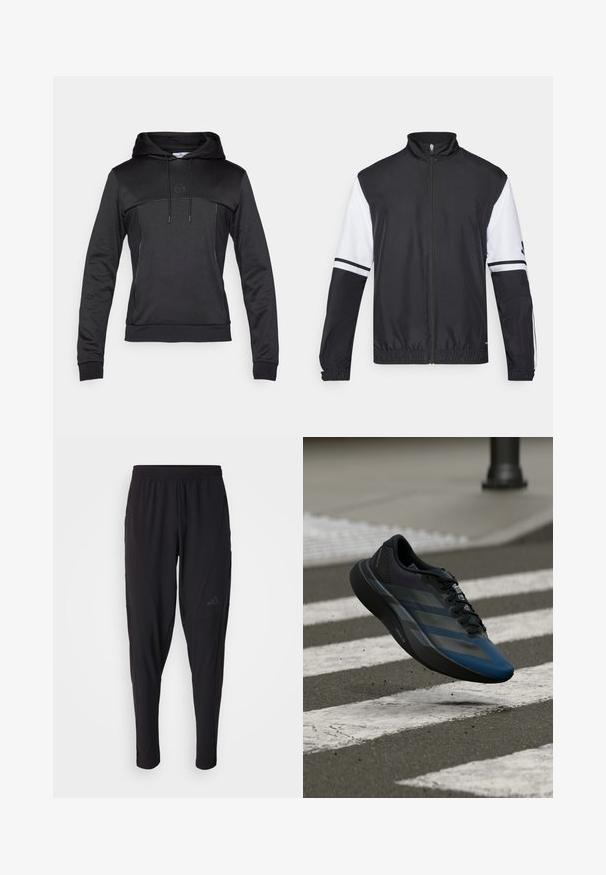 Black and white jacket with a high collar, full front zipper, elastic cuffs, and striped accents on sleeves. Made from smooth, lightweight fabric.; Black hoodie with a front kangaroo pocket, drawstring, textured paneling, and subtle logo on chest. Features contrasting stitching details.; Black athletic pants with an elastic waistband, tapered design, side pockets, and subtle logo detail. Made from flexible, breathable fabric.; Black and blue athletic shoe with a streamlined design, featuring a textured upper, contrasting stripes, and a cushioned sole, hovering over pavement.