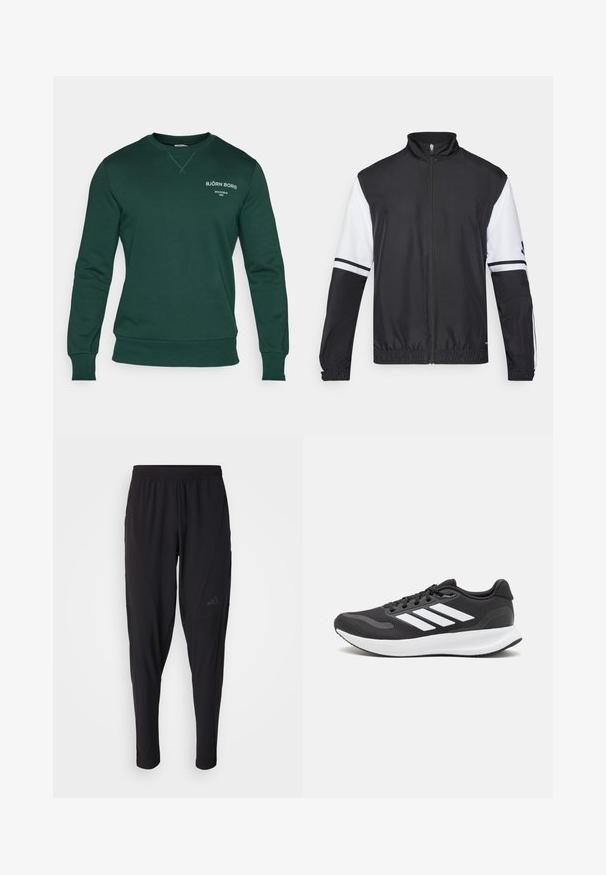 Giacca bianca e nera con colletto alto, zip frontale completa, polsini elasticizzati e dettagli a strisce sulle maniche. Realizzata in tessuto liscio e leggero.; Björn Borg ESSENTIAL CREW - Felpa - pine grove; Pantaloni sportivi neri con vita elastica, design affusolato, tasche laterali e dettagli logo discreti. Realizzati in tessuto flessibile e traspirante.; Scarpa sportiva nera con tomaia in mesh traspirante, dettagli bianchi e suola ammortizzata. Presenta il logo con tre strisce sul lato.