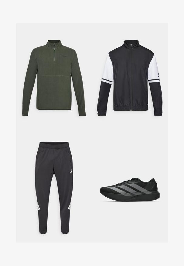 Jachetă alb-negru cu guler înalt, fermoar pe toată lungimea, manșete elastice și accente în dungi pe mâneci. Fabricată dintr-un material neted și ușor.; Pulover verde din fleece cu fermoar la jumătate, având o guler înalt și un logo contrastant pe piept. Textură netedă, design ajustat.; Pantaloni atletici negri cu picioare conice, talie elastică, buzunare laterale și detalii albe cu logo și dungi. Confecționați dintr-un material neted și ușor.; Pantofi sport negri cu un design ușor, prezentând trei dungi gri proeminente, o textură netedă și o talpă conturată.