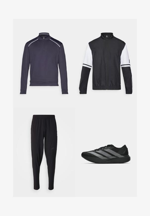 Svart och vit jacka med hög krage, hel dragkedja fram, elastiska ärmmuddar och randiga detaljer på ärmarna. Tillverkad av ett glatt, lättviktigt tyg.; Marinblå tröja med dragkedja vid kragen, långa ärmar och kontrasterande axelaccenter. Mjuk textur och figurnära design för komfort och rörelsefrihet.; Svarta sportbyxor med elastisk midja, avsmalnande design, sidofickor och diskret logodetalj. Tillverkade av flexibelt, andningsbart tyg.; Svarta träningsskor med en lätt design, som har tre framträdande grå ränder, en slät yta och en formad sula.