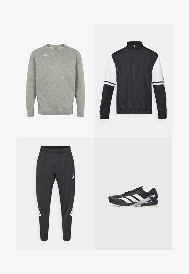 Crno-bijela jakna s visokim ovratnikom, punim zatvaračem sprijeda, elastičnim manžetama i prugastim detaljima na rukavima. Izrađena od glatkog, laganog materijala.; Sivi duksericu izrađenu od mekanog materijala, s okruglim izrezom, dugim rukavima i malim logotipom na gornjem lijevom prsnom dijelu.; Crne sportske hlače suženih nogavica, s elastičnim pojasom, bočnim džepovima te bijelim logom i prugama kao detaljima. Izrađene od glatkog, laganog materijala.; Crne atletske cipele s bijelim prugama, mrežasta gornja strana, zaobljeni prst i podstavljeni đon. Imaju teksturiranu petu i siguran sustav vezivanja.