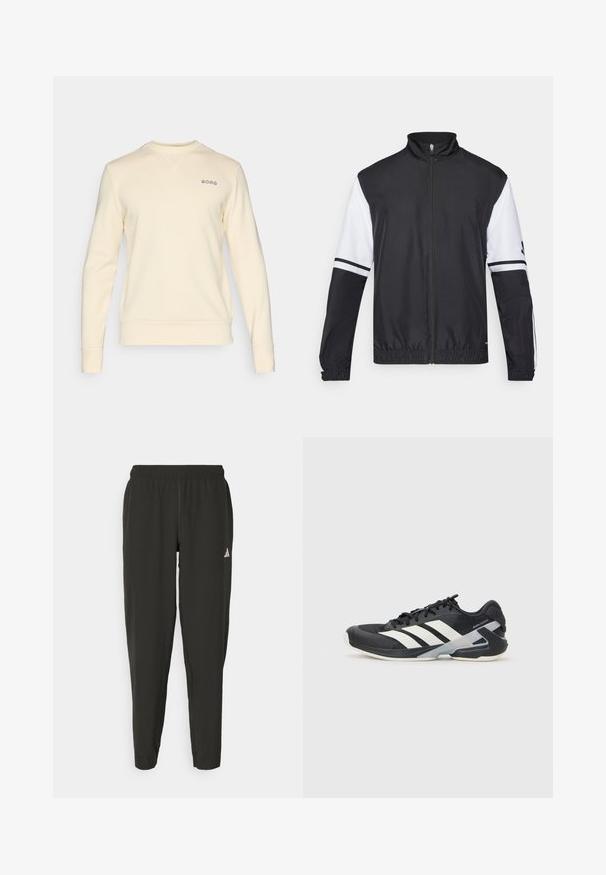 Črna in bela jakna z visokim ovratnikom, celotnim zadrgo, elastičnimi manšetami in črtastimi poudarki na rokavih. Narejena iz gladkega, lahkega materiala.; Svetlo krema pulover iz mehkega blaga, z okrogłym izrezom, dolgimi rokavi in majhnim vezenim logotipom na prsih.; Črne športne hlače z elastičnim pasom, ožji kroj in belim logotipom na levi nogi. Gladek, lahek material.; Črne atletske čevlje z belimi črtami, mrežastim zgornjim delom, zaobljenim nosom in blaženim podplatom. Imajo teksturiran petni del in varen sistem vezalk.