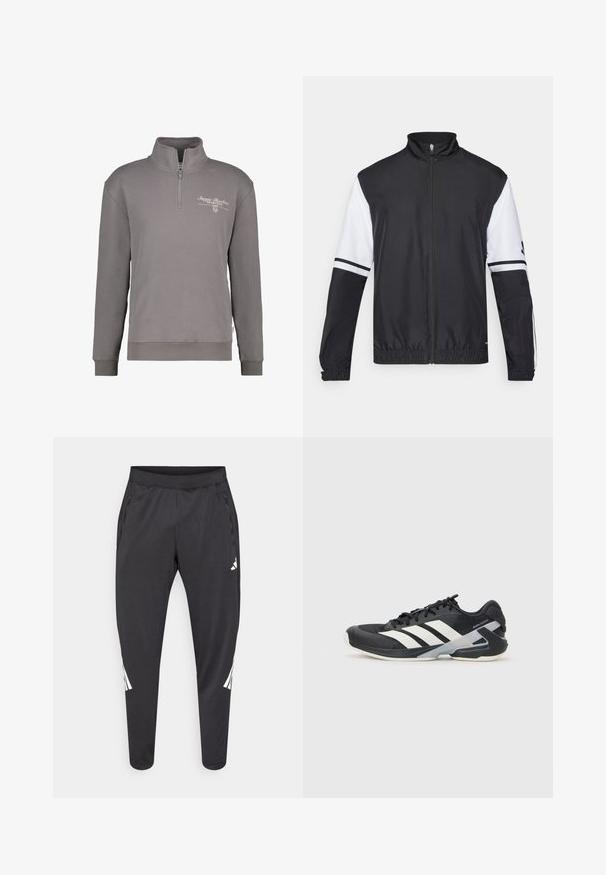 Black and white jacket with a high collar, full front zipper, elastic cuffs, and striped accents on sleeves. Made from smooth, lightweight fabric.; Gray zip-up sweatshirt with a high collar, featuring a logo in white embroidery on the chest, and ribbed cuffs and hem. Soft texture.; Black athletic pants with tapered legs, elastic waistband, side pockets, and white logo and stripes detailing. Made from a smooth, lightweight material.; Black athletic shoe with white stripes, mesh upper, rounded toe, and cushioned sole. Features a textured heel and secure lacing system.