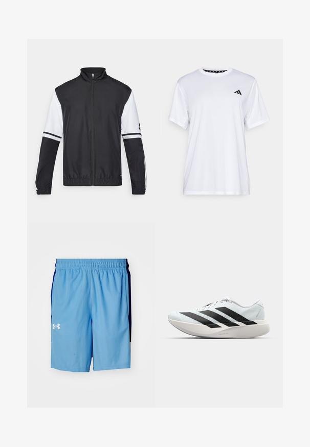 Casaco preto e branco com gola alta, fecho frontal completo, punhos elásticos e detalhes listrados nas mangas. Feito de um tecido liso e leve.; Camiseta atlética branca de mangas curtas, feita de tecido que absorve a humidade. Apresenta um logótipo preto no lado esquerdo do peito e um decote interior com padrão.; Under Armour ZONE - Calções desportivos - horizon blue/tech blue; Tênis de corrida leves em azul pálido com riscas pretas. Apresentam um cabedal liso, bico redondo e uma entressola espessa branca rotulada como "LIGHTSTRIKE PRO."