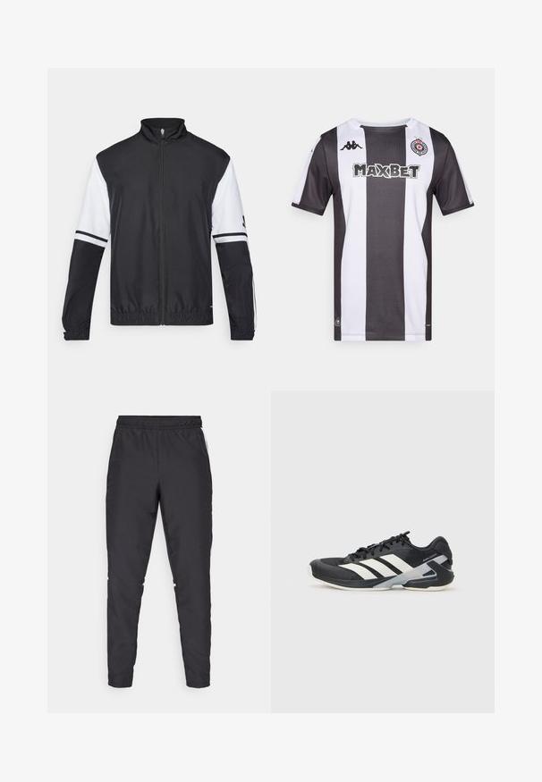 Zwart-witte jas met hoge kraag, volledige rits aan de voorkant, elastische manchetten en gestreepte accenten op de mouwen. Gemaakt van glad, lichtgewicht materiaal.; Zwart-wit gestreept voetbalshirt met korte mouwen, kraag, Kappa-logo en 'MAXBET' in het vet gedrukt op de voorkant.; Zwarte sportbroek met een elastische tailleband, taps toelopende benen en witte zijkanten. Gemaakt van synthetisch materiaal met een gladde textuur.; Zwarte sportschoen met witte strepen, bovenwerk van mesh, ronde neus en geveerde zool. Heeft een getextureerde hak en een veilig vetersysteem.