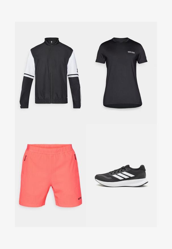 Casaco preto e branco com gola alta, fecho frontal completo, punhos elásticos e detalhes listrados nas mangas. Feito de um tecido liso e leve.; T-shirt preto de mangas curtas feito de um tecido suave, apresentando um decote redondo e um pequeno logotipo branco na área do peito esquerdo.; Calções atléticos cor de coral com uma cintura elástica, dois bolsos laterais com fecho, tecido texturizado e o logótipo "BORG" em preto na bainha.; Shoe de atletismo preto com parte superior em malha respirável, detalhes brancos e sola almofadada. Apresenta o logotipo das três riscas na lateral.