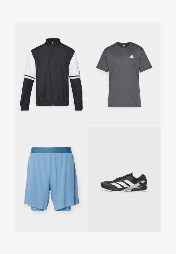 Chaqueta en blanco y negro con cuello alto, cremallera frontal completa, puños elásticos y acentos a rayas en las mangas. Fabricada con tejido liso y ligero.; Camiseta deportiva de color gris oscuro, hecha de una tela transpirable, con mangas cortas y un acento de logo blanco en el pecho izquierdo. Superficie texturizada.; HOKA GLIDE SHORT - Shorts 2 en 1 - shadow; Zapatilla deportiva negra con franjas blancas, parte superior de malla, punta redondeada y suela acolchada. Presenta un talón texturizado y un sistema de cordones seguro.