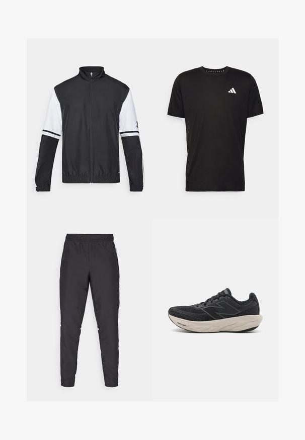 Melnbalkans un balts jakas ar augstu apkakli, pilnu priekšējo rāvējslēdzēju, elastīgām aprocēm un svītrām uz piedurknēm. Izgatavota no gluda, viegla auduma.; Melna kokvilnas t-krekls ar īsām piedurknēm, apaļu dekoltē un balto logo uz kreisā krūts. Gluda tekstūra un vienkāršs dizains.; Melnas sporta bikses ar elastīgu jostu, sašaurinātām kājām un baltām sānu akcentiem. Izgatavotas no sintētiska materiāla ar gludu tekstūru.; Melnas sporta kurpes ar strukturētu acs augšpusi, mīkstinātu baltu starplastu un melnu gumijas zoli ar redzamām rieviņām.