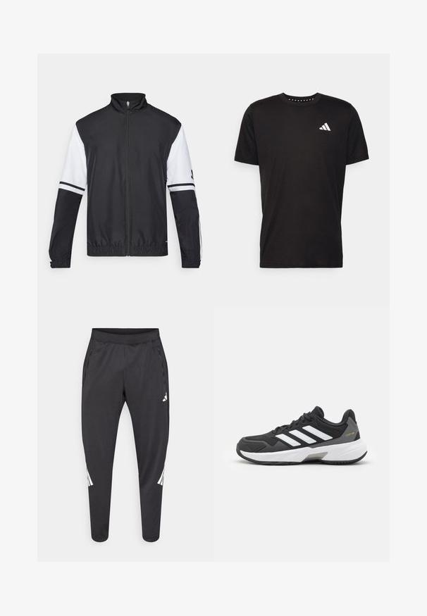 Črna in bela jakna z visokim ovratnikom, celotnim zadrgo, elastičnimi manšetami in črtastimi poudarki na rokavih. Narejena iz gladkega, lahkega materiala.; Črna bombažna majica s kratkimi rokavi, okroglim izrezom in belim logotipom na levem prsnem predelu. Gladka tekstura in preprost dizajn.; Črne športne hlače z zoženimi hlačnicami, elastnim pasom, stranskimi žepi ter belim logotipom in črtami. Narejene iz gladkega, lahkega materiala.; Črne atletske čevlje z belimi črtami, teksturirano mrežasto in sintetično material, s gumijastim podplatom in sivo akcentacijo na peti.