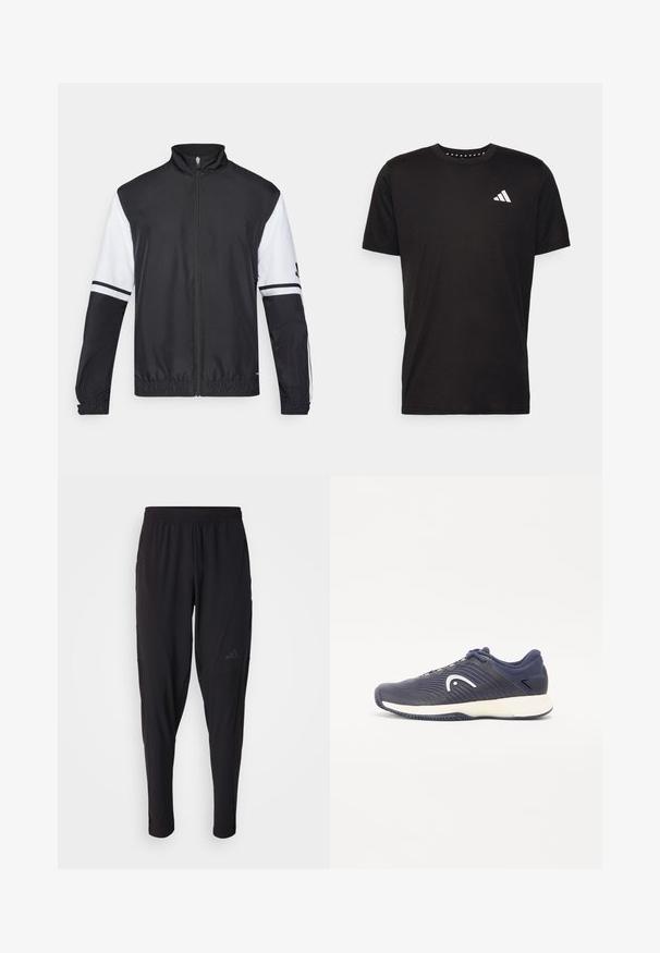 Svart og hvit jakke med høy krage, hel glidelås, elastiske mansjetter og stripete detaljer på ermene. Laget av glatt, lett materiale.; Svart bomulls t-skjorte med korte ermer, rund hals og en hvit logo på venstre bryst. Glatt tekstur og enkelt design.; Svarte treningsbukser med elastisk midje, smal design, sidelommer og subtil logo. Laget av fleksibelt, pustende stoff.; Marineblå idrettssko med et teksturert design og hvit logo. Har en polstret såle og mørkeblå detaljer på overdelen og hælen.