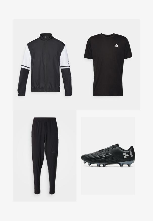 Zwart-witte jas met hoge kraag, volledige rits aan de voorkant, elastische manchetten en gestreepte accenten op de mouwen. Gemaakt van glad, lichtgewicht materiaal.; Zwarte katoenen t-shirt met korte mouwen, ronde hals en een wit logo op de linkerkant van de borst. Gladde textuur en eenvoudig ontwerp.; Zwarte sportbroek met een elastische tailleband, taps toelopend ontwerp, zijzakken en subtiele logodetails. Gemaakt van flexibele, ademende stof.; Zwarte voetbal-schoenen met gestructureerde synthetische bovenkant, laag profiel, versterkte neus en zes metalen studs voor betere grip. Under Armour-logo op de zijkant.