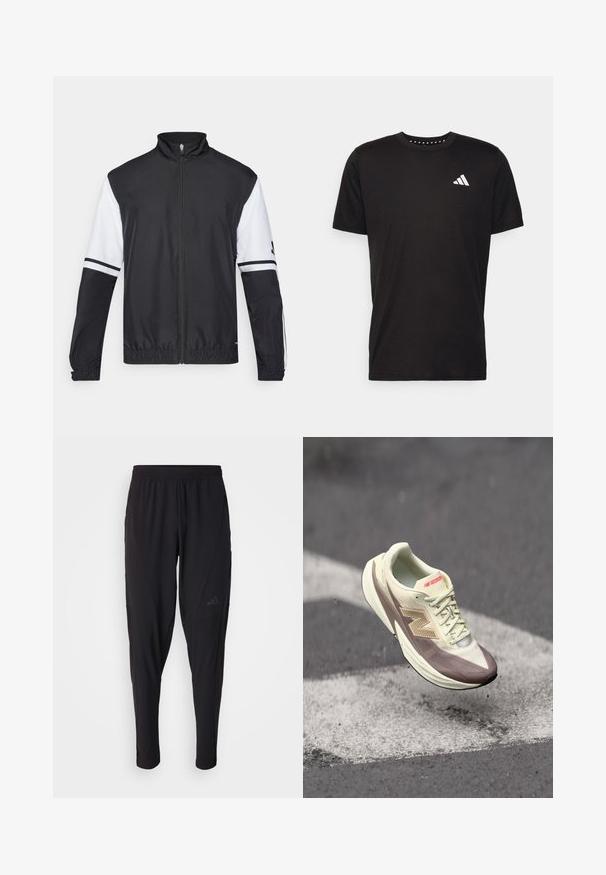 Čierno-biela bunda s vysokým golierom, plný predný zips, elastické manžety a pruhované akcenty na rukávoch. Vyrobená z hladkej, ľahkej tkaniny.; Čierne bavlnené tričko s krátkymi rukávmi, klasickým výstrihom a bielym logom na ľavej strane hrude. Hladká textúra a jednoduchý dizajn.; Čierne športové nohavice s elastickým pásom, zúženým strihom, bočnými vreckami a nenápadným logom. Vyrobené z flexibilnej, priedušnej tkaniny.; Ľahká atletická obuv s krémovým zvrškom a hnedými akcentmi, s textúrovaným povrchom, šnúrkami a výrazným logom na boku.