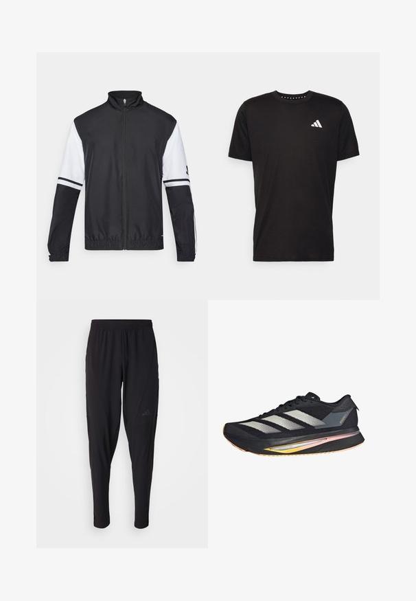 Svart og hvit jakke med høy krage, hel glidelås, elastiske mansjetter og stripete detaljer på ermene. Laget av glatt, lett materiale.; Svart bomulls t-skjorte med korte ermer, rund hals og en hvit logo på venstre bryst. Glatt tekstur og enkelt design.; Svarte treningsbukser med elastisk midje, smal design, sidelommer og subtil logo. Laget av fleksibelt, pustende stoff.; adidas Performance ADIZERO SL2 - Løpesko for vei - core black metalic spark