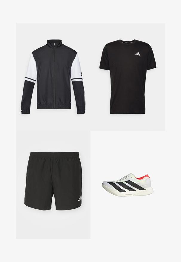 Zwart-witte jas met hoge kraag, volledige rits aan de voorkant, elastische manchetten en gestreepte accenten op de mouwen. Gemaakt van glad, lichtgewicht materiaal.; Zwarte katoenen t-shirt met korte mouwen, ronde hals en een wit logo op de linkerkant van de borst. Gladde textuur en eenvoudig ontwerp.; Zwarte sportieve shorts met een elastische tailleband, zijsplits en reflecterende logo-accenten. Gemaakt van lichte, gladde stof.; Witte sportschoen met zwarte diagonale strepen, rode accenten op de hiel en een gestructureerde bovenkant; beschikt over LIGHTSTRIKE PRO demping.