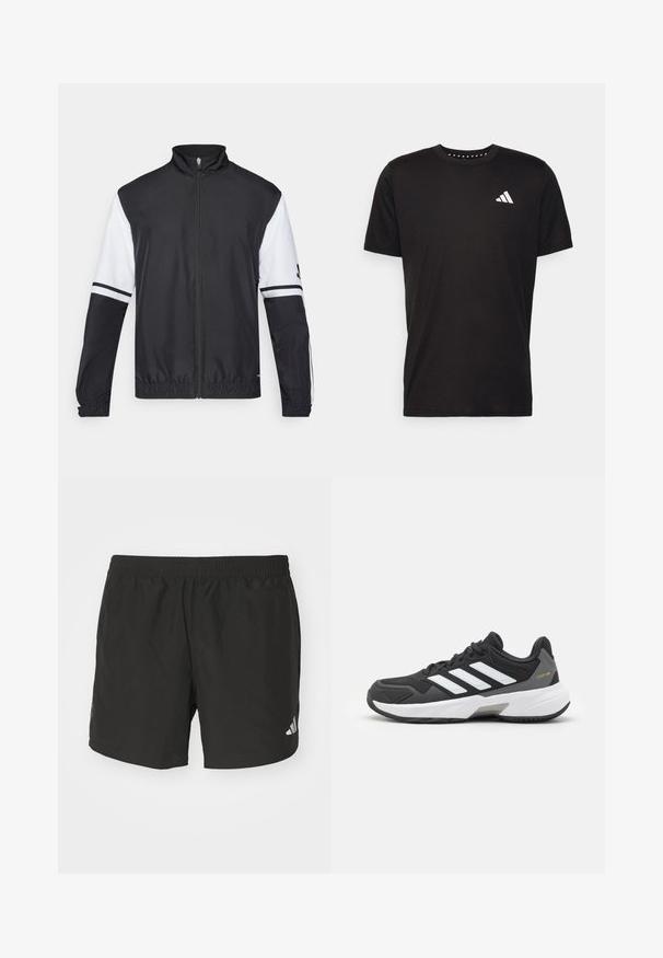 Juodai balta striukė su aukštu apykakle, visiškai užtraukiama priekyje, elastinėmis rankovėmis ir dryžuotais akcentais ant rankovių. Pagaminta iš glotnaus, lengvo audinio.; Juodas medvilnės marškinėliai trumpomis rankovėmis, su apvalia iškirpte ir balta logo kairiajame krūtinės šone. Lygus tekstūra ir paprastas dizainas.; Juodi sportiniai šortai su elastinga juosmena, šoninėmis plyšiais ir atspindinčiais logotipais. Pagaminti iš lengvos, lygaus audinio.; Juodas sportinis batas su baltais dryžiais, tekstūruota tinklelio medžiaga ir sintetinė medžiaga, su guminiu padu ir pilku akcentu ant kulno.