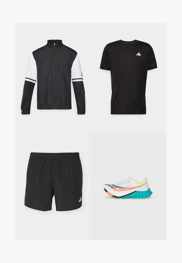 Schwarz-weiße Jacke mit hohem Kragen, durchgehendem Reißverschluss, elastischen Bündchen und gestreiften Akzenten an den Ärmeln. Hergestellt aus glattem, leichtem Material.; Schwarzes Baumwoll-T-Shirt mit kurzen Ärmeln, Rundhalsausschnitt und einem weißen Logo auf der linken Brust. Glatte Textur und einfaches Design.; Schwarze Sportshorts mit einem elastischen Taillenbund, seitlichen Schlitzen und reflektierenden Logoakzenten. Hergestellt aus leichtem, glattem Material.; Weißer Sportschuh mit Akzenten in Orange, Schwarz und Türkis an der Sohle, neon-gelber Innenseite und einem Obermaterial aus Netzgewebe vor einem schlichten Hintergrund.