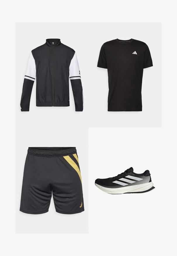 Zwart-witte jas met hoge kraag, volledige rits aan de voorkant, elastische manchetten en gestreepte accenten op de mouwen. Gemaakt van glad, lichtgewicht materiaal.; Zwarte katoenen t-shirt met korte mouwen, ronde hals en een wit logo op de linkerkant van de borst. Gladde textuur en eenvoudig ontwerp.; Zwarte sportshorts met een gele diagonale streepontwerp, elastische tailleband en een gladde textuur, geschikt voor sport en lichaamsbeweging.; Zwarte sportieve schoen met een mesh ontwerp, voorzien van witte strepen, een ronde neus en een gestructureerde zool voor grip en ondersteuning.