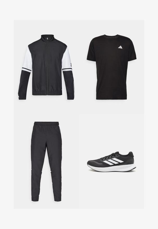 Černobílá bunda s vysokým límcem, plným předním zipem, elastickými manžetami a pruhovanými akcenty na rukávech. Vyrobena z hladké, lehké látky.; Černé bavlněné tričko s krátkým rukávem, kulatým výstřihem a bílým logem na levé hrudi. Hladká textura a jednoduchý design.; Černé sportovní kalhoty s elastickým pasem, zúženými nohavicemi a bílými bočními akcenty. Vyrobené z umělého materiálu s hladkým povrchem.; Černá sportovní obuv s prodyšným síťovaným svrškem, bílými akcenty a polstrovanou podrážkou. Na boku se nachází logo se třemi pruhy.