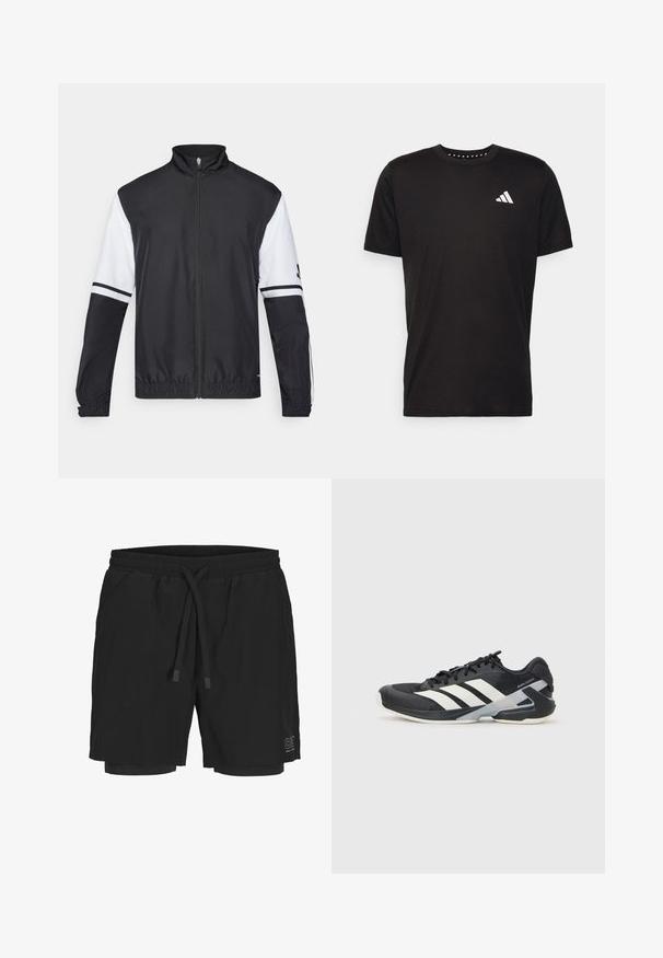 Musta-valkoinen takki korkealla kauluksella, täysin vetoketjulla, joustavilla hihansuilla ja raidallisilla yksityiskohdilla hihoissa. Valmistettu sileästä, kevyestä kankaasta.; Musta puuvillapaita lyhyillä hihoilla, pyöreä pääntie ja valkoinen logo vasemmassa rinnassa. Sujuva rakenne ja yksinkertainen muotoilu.; Mustat uimaportit, jotka on valmistettu kevyestä kankaasta, jossa on joustava vyötärö, säädettävä naru ja sisävuori. Sivussa on logo.; Mustat urheilukengät valkoisilla raidoilla, verkkomateriaalia ylhäällä, pyöristetty kärki ja pehmustettu pohja. Varustettu teksturoidulla kantapäällä ja turvallisella nauhoitusjärjestelmällä.