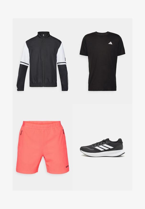 Melnbalkans un balts jakas ar augstu apkakli, pilnu priekšējo rāvējslēdzēju, elastīgām aprocēm un svītrām uz piedurknēm. Izgatavota no gluda, viegla auduma.; Melna kokvilnas t-krekls ar īsām piedurknēm, apaļu dekoltē un balto logo uz kreisā krūts. Gluda tekstūra un vienkāršs dizains.; Koralīgas sporta šorti ar elastīgu jostasvieta, divi sānu kabatas ar rāvējslēdzēju, teksturēta auduma un melns "BORG" logo apakšējā daļā.; Melnas sporta kurpes ar elpojošu acs augšu, baltām akcentiem un mīkstu zoli. Sānā ir trīs svītru logo.