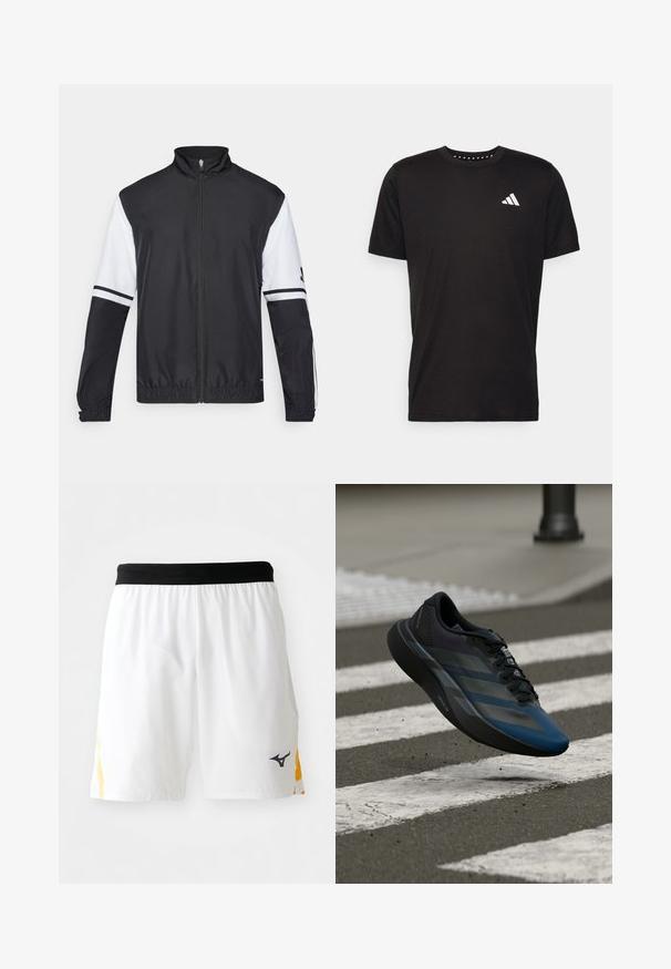 Black and white jacket with a high collar, full front zipper, elastic cuffs, and striped accents on sleeves. Made from smooth, lightweight fabric.; Black cotton t-shirt with short sleeves, crew neckline, and a white logo on the left chest. Smooth texture and simple design.; White athletic shorts with black elastic waistband and yellow side accents, featuring a small black sports brand logo on the right leg.; Black and blue athletic shoe with a streamlined design, featuring a textured upper, contrasting stripes, and a cushioned sole, hovering over pavement.