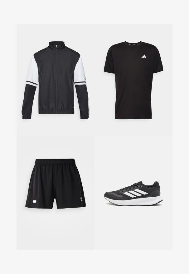 Crno-bijela jakna s visokim ovratnikom, punim zatvaračem sprijeda, elastičnim manžetama i prugastim detaljima na rukavima. Izrađena od glatkog, laganog materijala.; Crna pamučna majica s kratkim rukavima, okruglim izrezom i bijelim logotipom na lijevoj strani prsnog koša. Glatka tekstura i jednostavan dizajn.; Crne atletske kratke hlače s elastičnim pojasom. Glatka tekstura, bočni prorezi za pokretljivost i bijeli logo na donjoj lijevoj strani.; Crne atletske tenisice s prozračnom mrežicom na gornjem dijelu, bijelim akcentima i mekanim potplatom. Imaju logo s tri pruge sa strane.