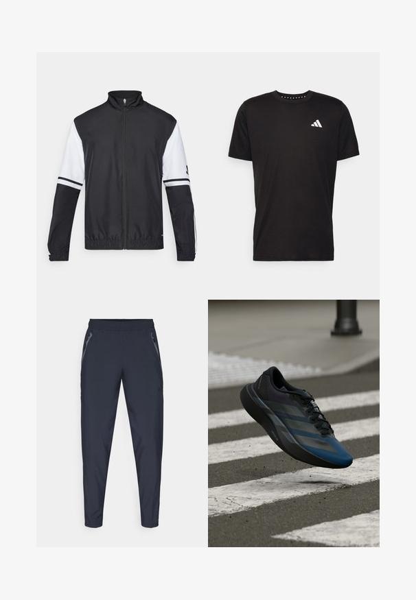Zwart-witte jas met hoge kraag, volledige rits aan de voorkant, elastische manchetten en gestreepte accenten op de mouwen. Gemaakt van glad, lichtgewicht materiaal.; Zwarte katoenen t-shirt met korte mouwen, ronde hals en een wit logo op de linkerkant van de borst. Gladde textuur en eenvoudig ontwerp.; Marineblauwe sportbroek van lichtgewicht stof, met twee zijzakken met rits, een elastische tailleband en taps toelopende benen voor een slank fit.; Zwart-blauwe sportschoen met een gestroomlijnd design, voorzien van een gestructureerd bovenwerk, contrasterende strepen en een dempende zool, zwevend boven het trottoir.