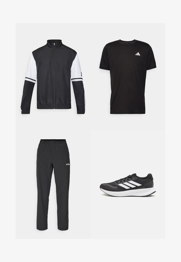 Black and white jacket with a high collar, full front zipper, elastic cuffs, and striped accents on sleeves. Made from smooth, lightweight fabric.; Black cotton t-shirt with short sleeves, crew neckline, and a white logo on the left chest. Smooth texture and simple design.; Black athletic pants featuring an elastic waistband, straight legs, and a small white logo detail on the left side. Made from lightweight fabric.; Black athletic shoe with breathable mesh upper, white accents, and a cushioned sole. Features three stripes logo on the side.