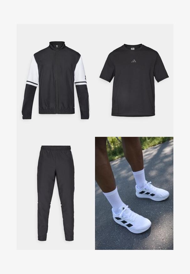 Black and white jacket with a high collar, full front zipper, elastic cuffs, and striped accents on sleeves. Made from smooth, lightweight fabric.; Black athletic t-shirt made of breathable material, featuring short sleeves, a round neck, and a reflective logo on the chest.; Black athletic pants with an elastic waistband, tapered legs, and white side accents. Made of synthetic material with a smooth texture.; White athletic shoes with black accents, mesh upper, and white laces. Worn with white ribbed crew socks, positioned on a concrete surface.
