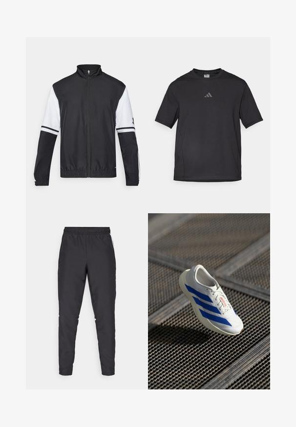 Sort og hvid jakke med høj krave, fuld lynlås foran, elastiske manchetter og stribede detaljer på ærmerne. Fremstillet af glat, letvægtsstof.; Sort atletisk t-shirt lavet af åndbart materiale, med korte ærmer, rund hals og et reflekterende logo på brystet.; Sorte atletiske bukser med elastisk talje, snævre ben og hvide sidelæggi. Fremstillet af syntetisk materiale med en glat overflade.; Hvid atletisk sko med blå striber, letvægtsdesign, mesh-overdel, snørelukning og tekstureret gummisål, svævende over en gitteroverflade.
