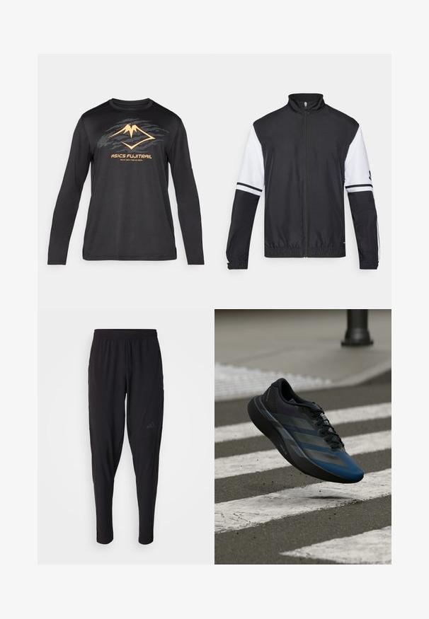 Melnbalkans un balts jakas ar augstu apkakli, pilnu priekšējo rāvējslēdzēju, elastīgām aprocēm un svītrām uz piedurknēm. Izgatavota no gluda, viegla auduma.; ASICS FUJITRAIL LOGO TOP - Tops ar garām piedurknēm - performance black; Melni sporta bikses ar elastīgu jostasvietu, sašaurinātu dizainu, sānu kabatām un smalku logo akcentu. Izgatavotas no elastīga, elpojoša auduma.; Melns un zils sporta apavu ar aerodinamisku dizainu, tam ir teksturēta virsma, kontrastējošas svītras un amortizējoša zolīte, kas peld virs ietves.