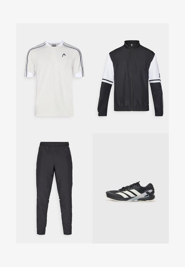 Black and white jacket with a high collar, full front zipper, elastic cuffs, and striped accents on sleeves. Made from smooth, lightweight fabric.; Short-sleeve polo shirt in light gray cotton, featuring a white collar, two-button placket, and dark gray accent stripes on the shoulders.; Black athletic pants with an elastic waistband, tapered legs, and white side accents. Made of synthetic material with a smooth texture.; Black athletic shoe with white stripes, mesh upper, rounded toe, and cushioned sole. Features a textured heel and secure lacing system.