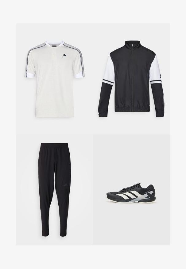 Black and white jacket with a high collar, full front zipper, elastic cuffs, and striped accents on sleeves. Made from smooth, lightweight fabric.; Short-sleeve polo shirt in light gray cotton, featuring a white collar, two-button placket, and dark gray accent stripes on the shoulders.; Black athletic pants with an elastic waistband, tapered design, side pockets, and subtle logo detail. Made from flexible, breathable fabric.; Black athletic shoe with white stripes, mesh upper, rounded toe, and cushioned sole. Features a textured heel and secure lacing system.